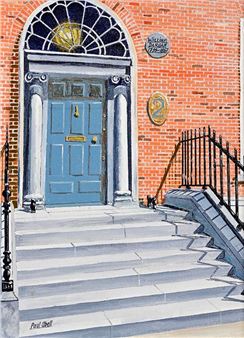 A watercolor painting of a grand brick building entrance with blue door and steps.