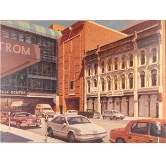 A nostalgic street scene rendered in warm tones featuring vintage cars and brick buildings.
