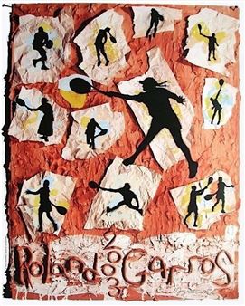 A painting of a group of people playing tennis.