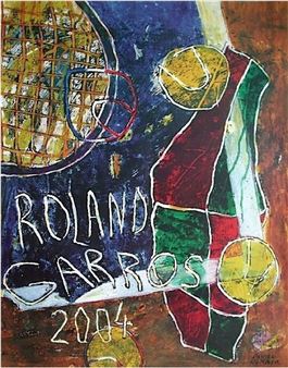 A painting of a tennis player holding a racket.