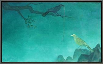 A serene painting of two birds in a teal landscape, one perched on a branch holding a string.