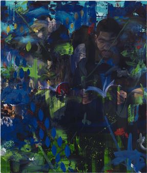 A layered, abstract portrait of a figure reading amidst a dense, colorful garden.