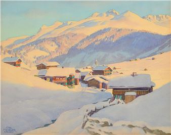 A sunlit winter village nestled at the foot of towering snow-covered mountains.
