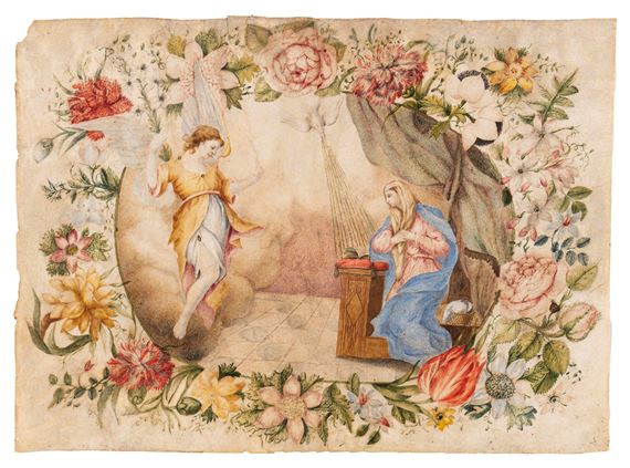 Annunciation within a garland of flowers - Italian School, 18th Century