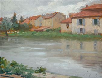 A painting of a river with houses in the background.