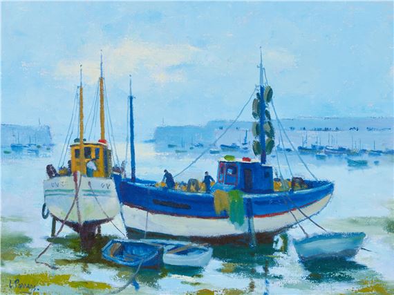 A serene harbor scene featuring two prominent fishing boats resting on a grassy shore under a soft, hazy sky.