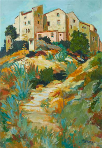 A sun-drenched hillside painting featuring a stone path leading to terraced buildings under a clear sky.