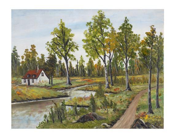 Maison au toit rouge au bord du ruisseau - Thaddeus Welch