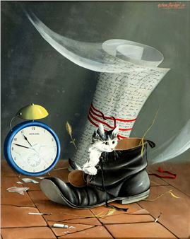 A surreal still life featuring a kitten in a boot, an alarm clock, and a floating scroll.