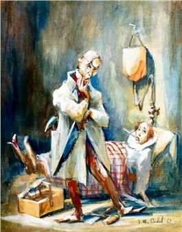 A surreal watercolor scene depicting a doctor and a patient in an unsettling medical setting.