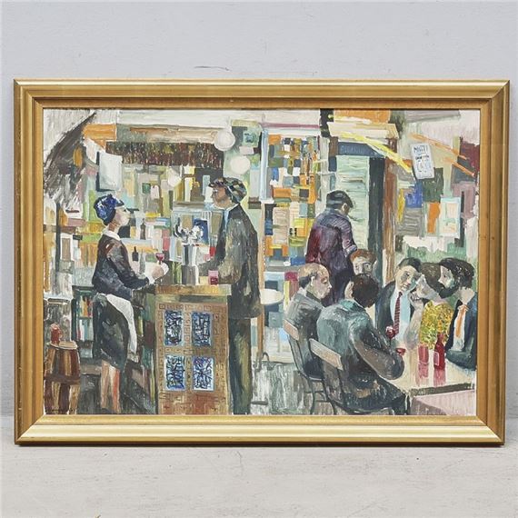 A busy café scene rendered in a loose, expressive style with a warm color palette.