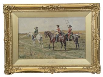 A painting of two men on horseback in a field.