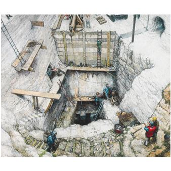 A detailed painting of a deep underground excavation site with workers and construction materials.