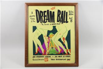 A framed vintage poster featuring a stylized Art Deco illustration of figures in a dreamlike setting.