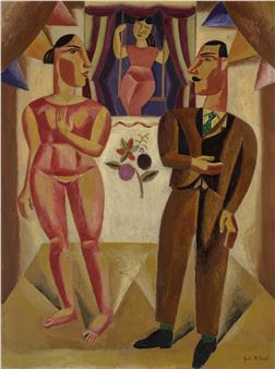 A Cubist-style painting featuring two figures in a stylized interior with geometric shapes and bold colors.
