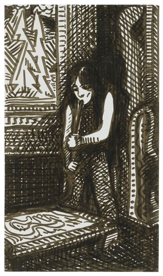 A monochromatic woodcut-style portrait of a seated figure with long hair, rendered in heavy cross-hatching against a patterned background.