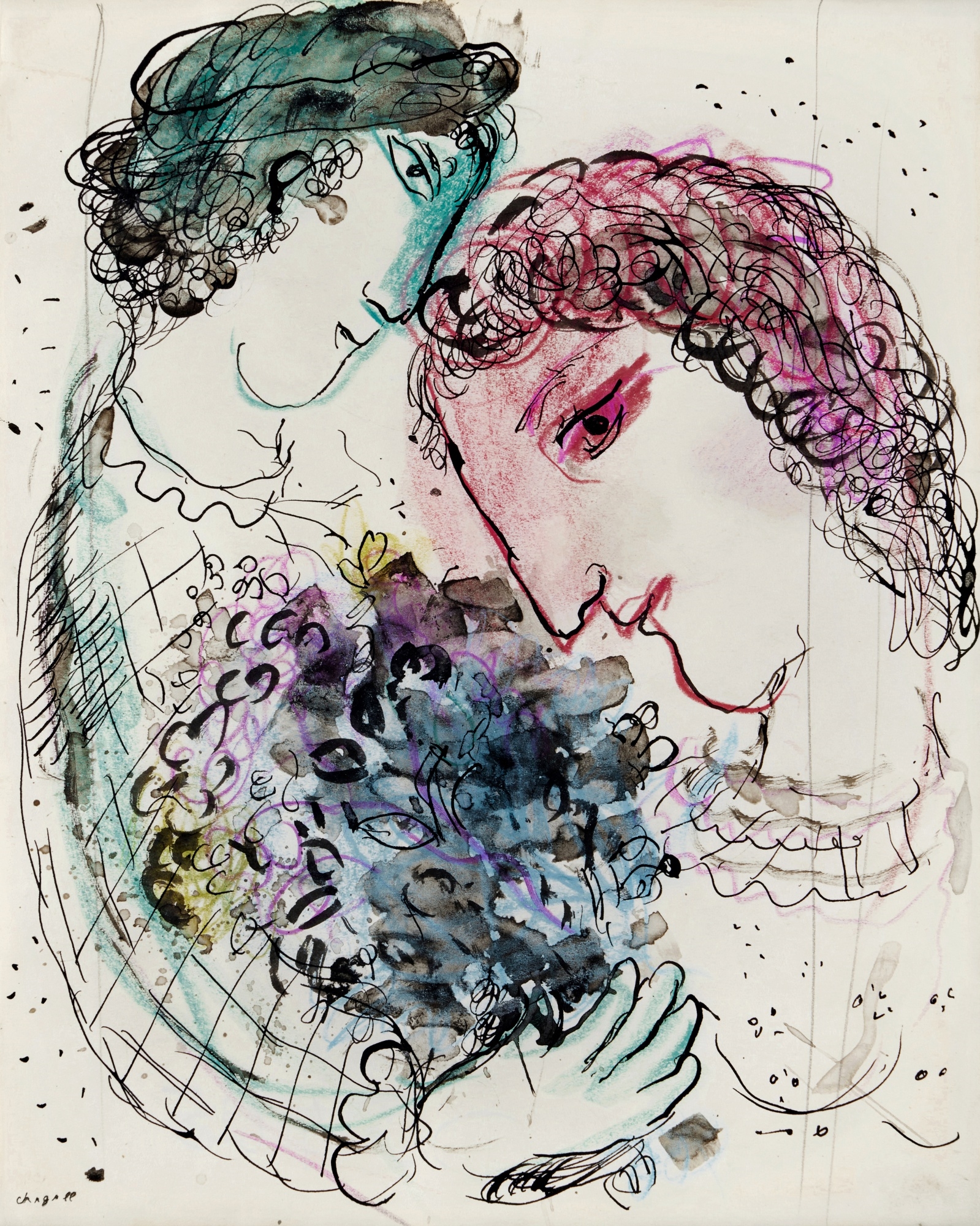 Marc Chagall | Amoureux aux profils vert et rose (1973) | MutualArt