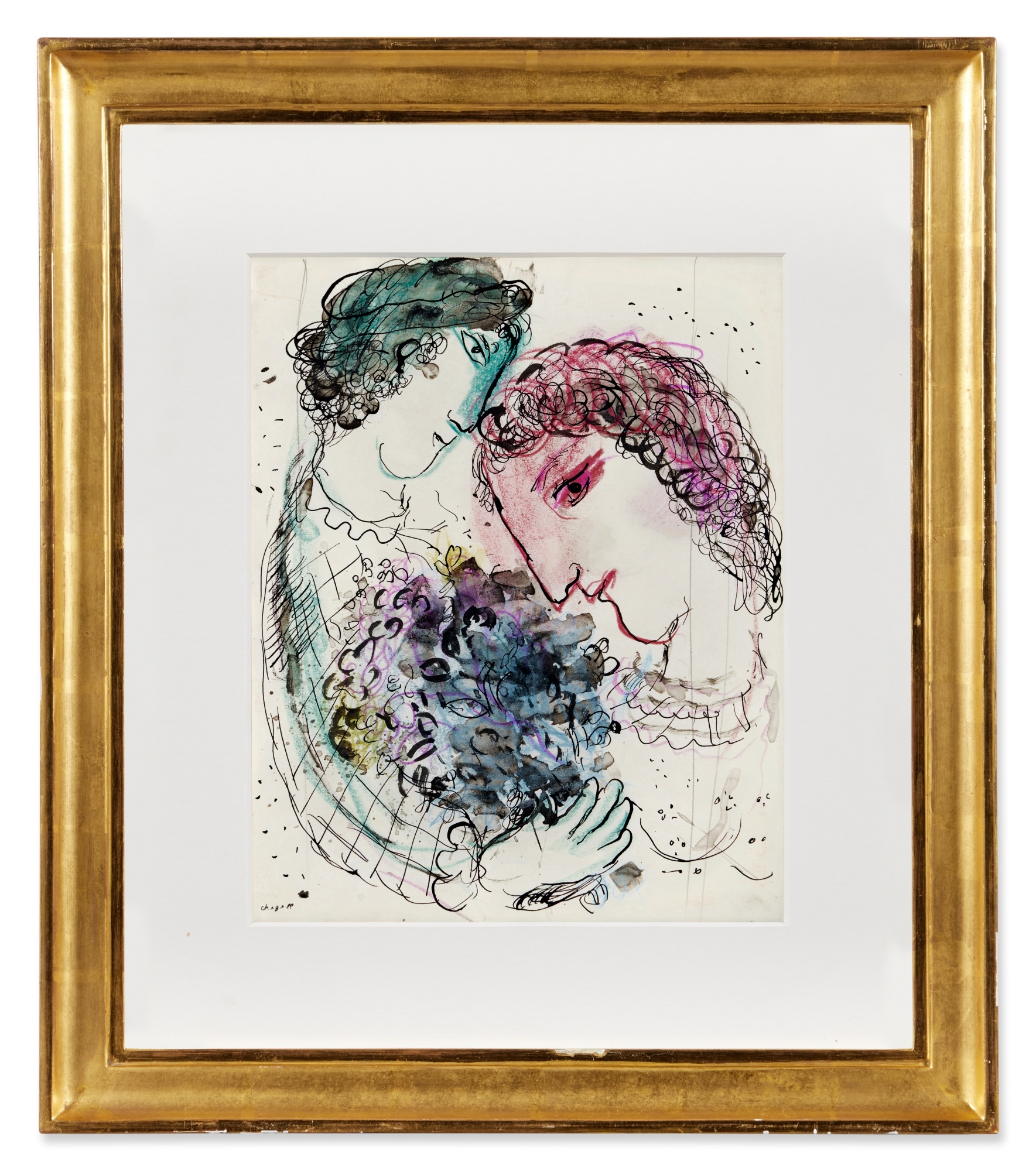 Marc Chagall | Amoureux aux profils vert et rose (1973) | MutualArt