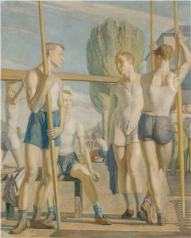 A group of figures in athletic wear holding poles, rendered in a soft, impressionistic style.