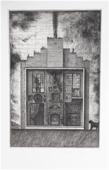 A detailed etching of a house facade filled with domestic objects and a small dog.