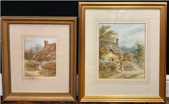 Two framed pastoral watercolors depicting thatched cottages in a rural landscape.