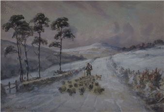 A solitary figure walks a dog along a snowy path in a wintry landscape.