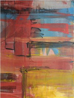 An abstract composition of layered horizontal bands in warm and cool tones.