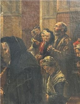 A dramatic religious scene featuring a robed figure and a group of onlookers in an interior setting.