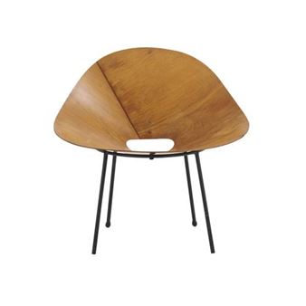 A modern chair with a curved wooden seat and thin metal legs.