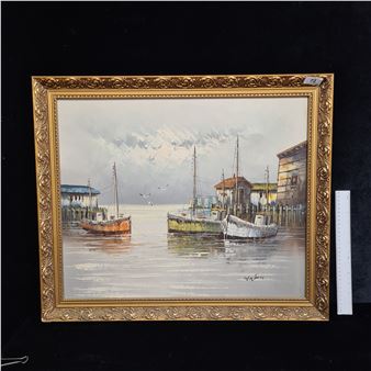 【中古】M▽W.JONES 油絵 漁港 船 海 港 (37866) W. Jones | 40 Artworks at Auction | MutualArt