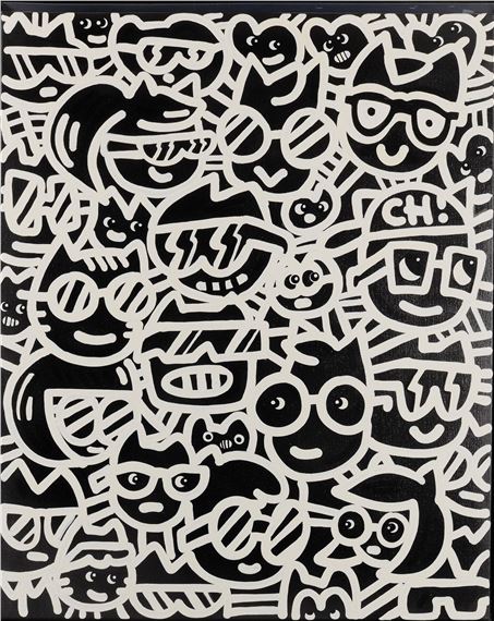 A black-and-white graphic print filled with a chaotic collage of cartoon faces and abstract shapes.