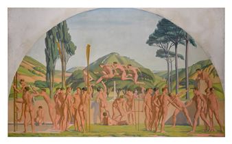 A classical fresco depicting a group of nude figures in an outdoor landscape.