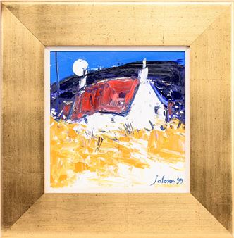 A painting of a red barn in a gold frame.