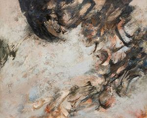An abstract painting featuring a dark, textured figure emerging from a light, mottled background.