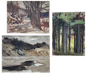 A triptych of three oil paintings depicting winter landscapes and a forest scene.