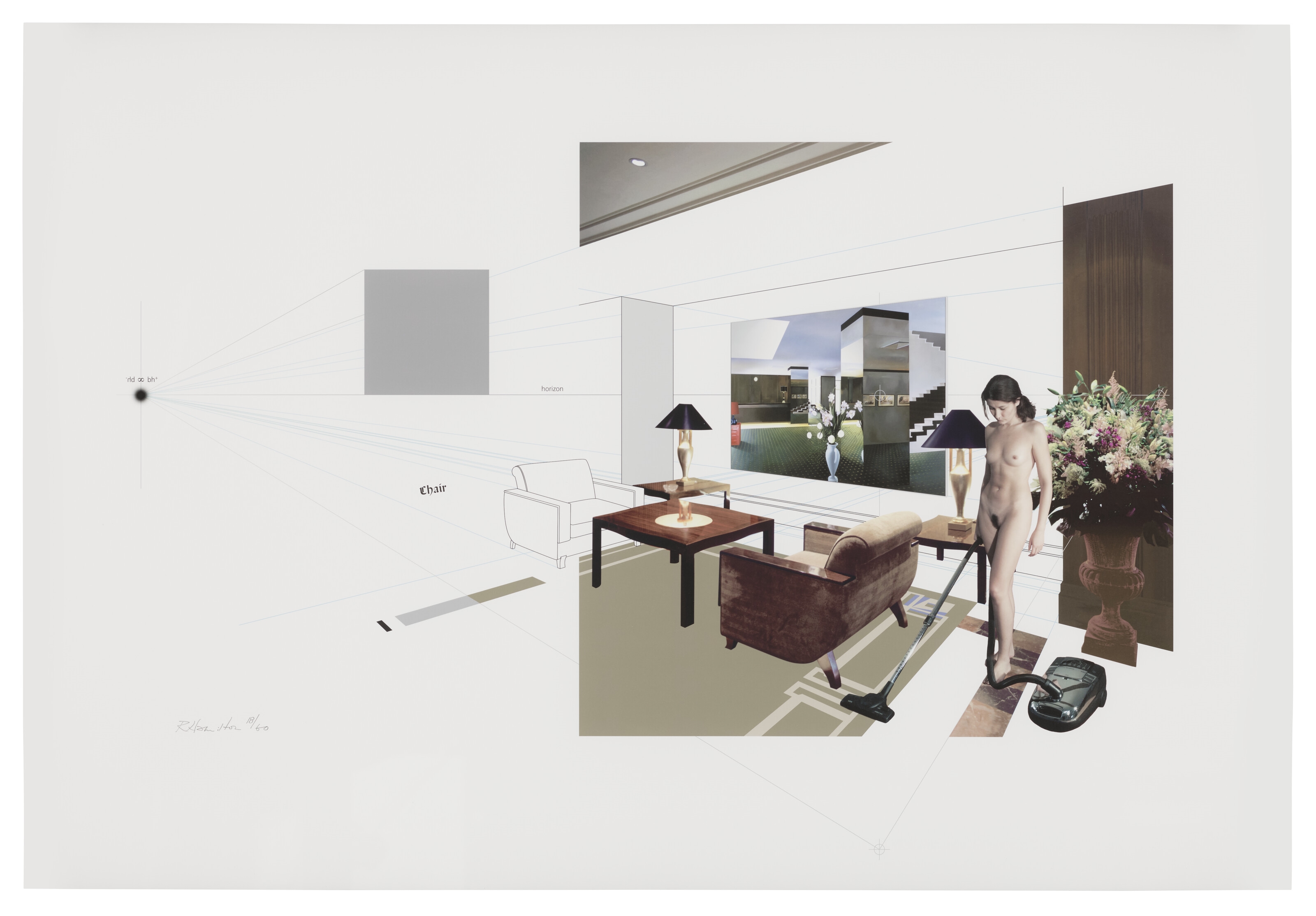 A surreal architectural rendering of a living room scene featuring a nude figure vacuuming amidst furniture and a window view.