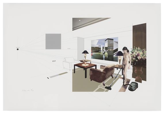 A surreal architectural rendering of a living room scene featuring a nude figure vacuuming amidst furniture and a window view.
