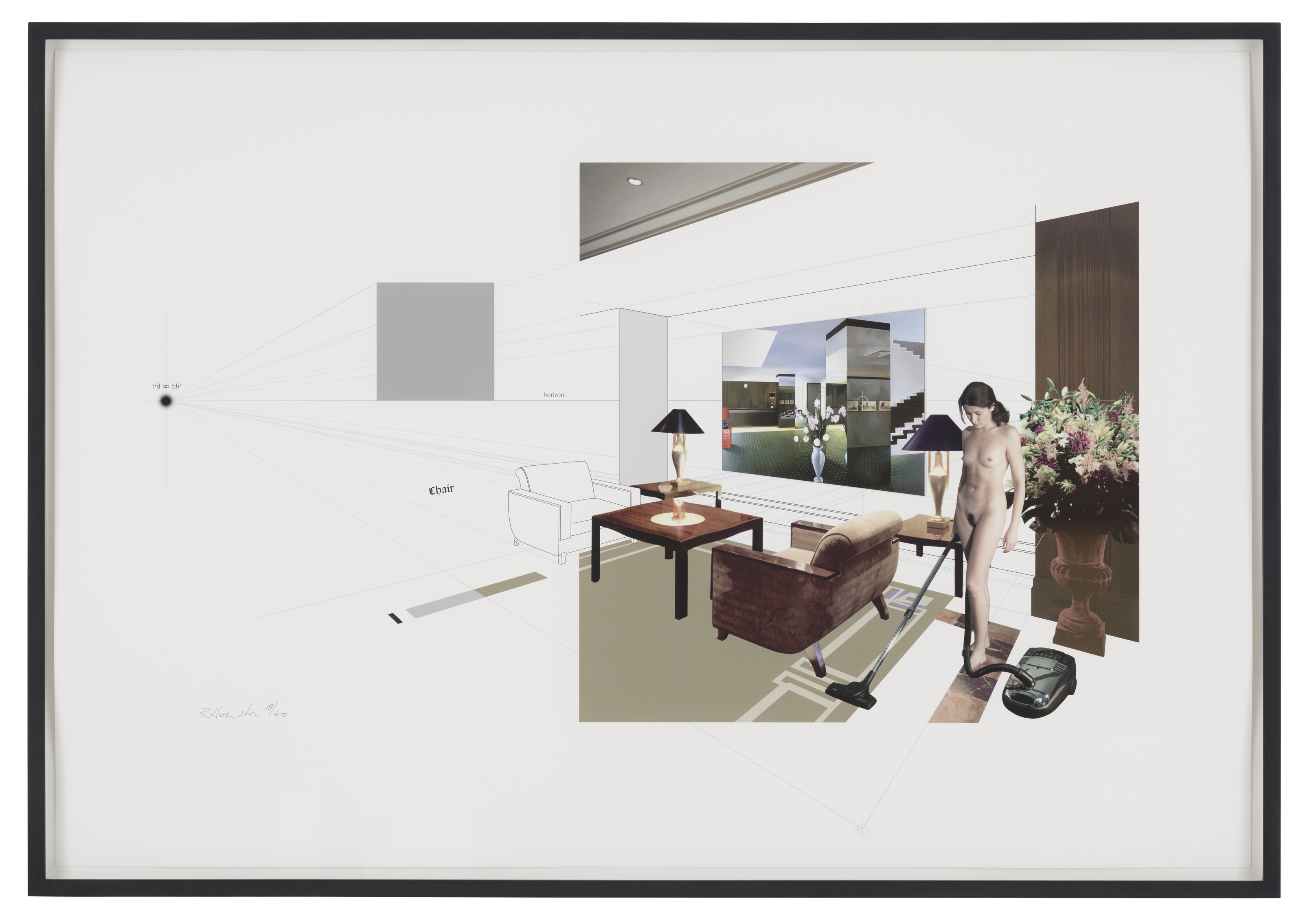A surreal architectural rendering of a living room scene featuring a nude figure vacuuming amidst furniture and a window view.