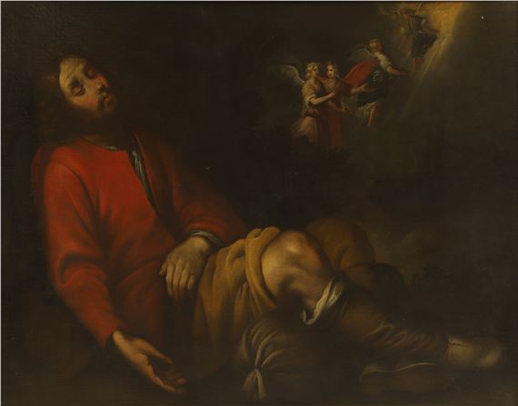A dramatic religious painting depicting a slumped figure in red and yellow robes with angels in the background.