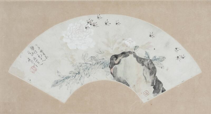 Ge Shan Lao Ren | A Chinese fan, painted with a branch on a rock, a ...