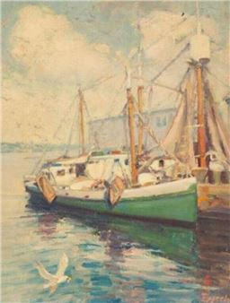 A painterly seascape featuring a green fishing boat docked at a pier with a seagull flying nearby.