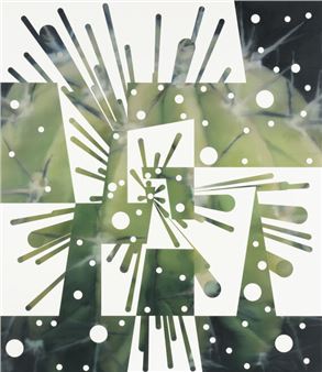 A geometric collage featuring a green cactus-like subject with sharp, angular overlays and scattered white dots.