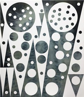 A geometric composition featuring white shapes and circles against a mottled grey background.