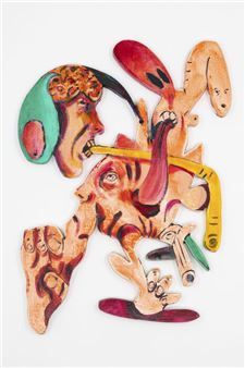 A surreal, layered composition of abstract figures in warm earth tones against a stark white background.