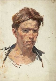 A loose, expressive portrait of a figure with short brown hair and a white shirt against a textured background.