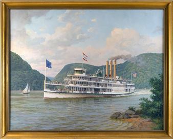 A classic riverboat steaming along a calm waterway flanked by green hills.