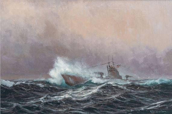 A solitary vessel battling a violent, churning sea under an ominous sky.