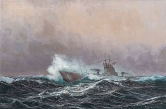 A solitary vessel battling a violent, churning sea under an ominous sky.