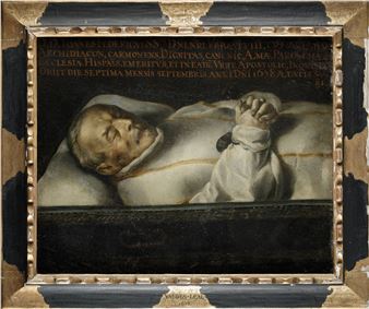 A somber religious painting of a sleeping figure in a tomb.