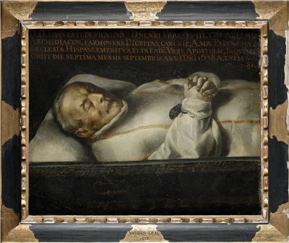 A somber religious painting of a sleeping figure in a tomb.